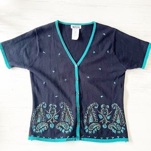 Vintage 90s Nina Piccalino Embroidered Short Sleeve Cardigan Black Medium
